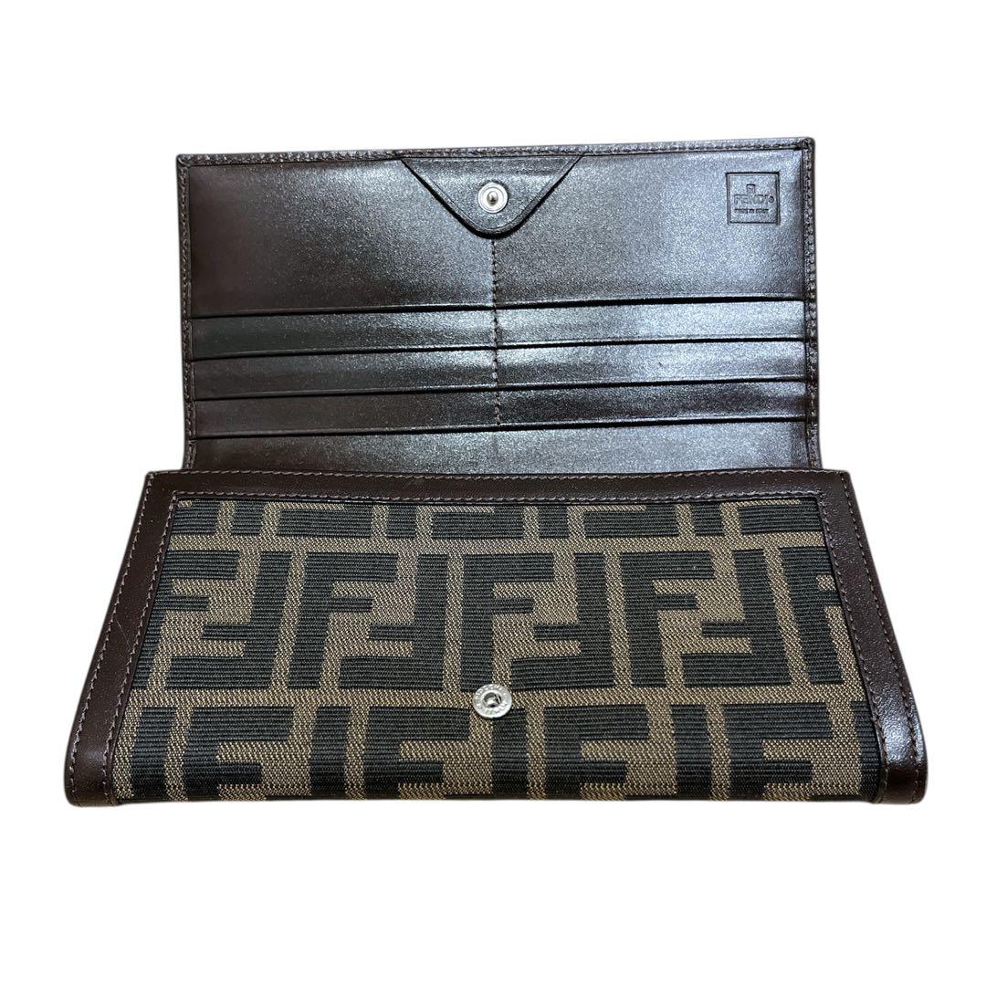 【美品】FENDI 長財布 ズッカ キャンバス ロゴ FF レザー ブラウン