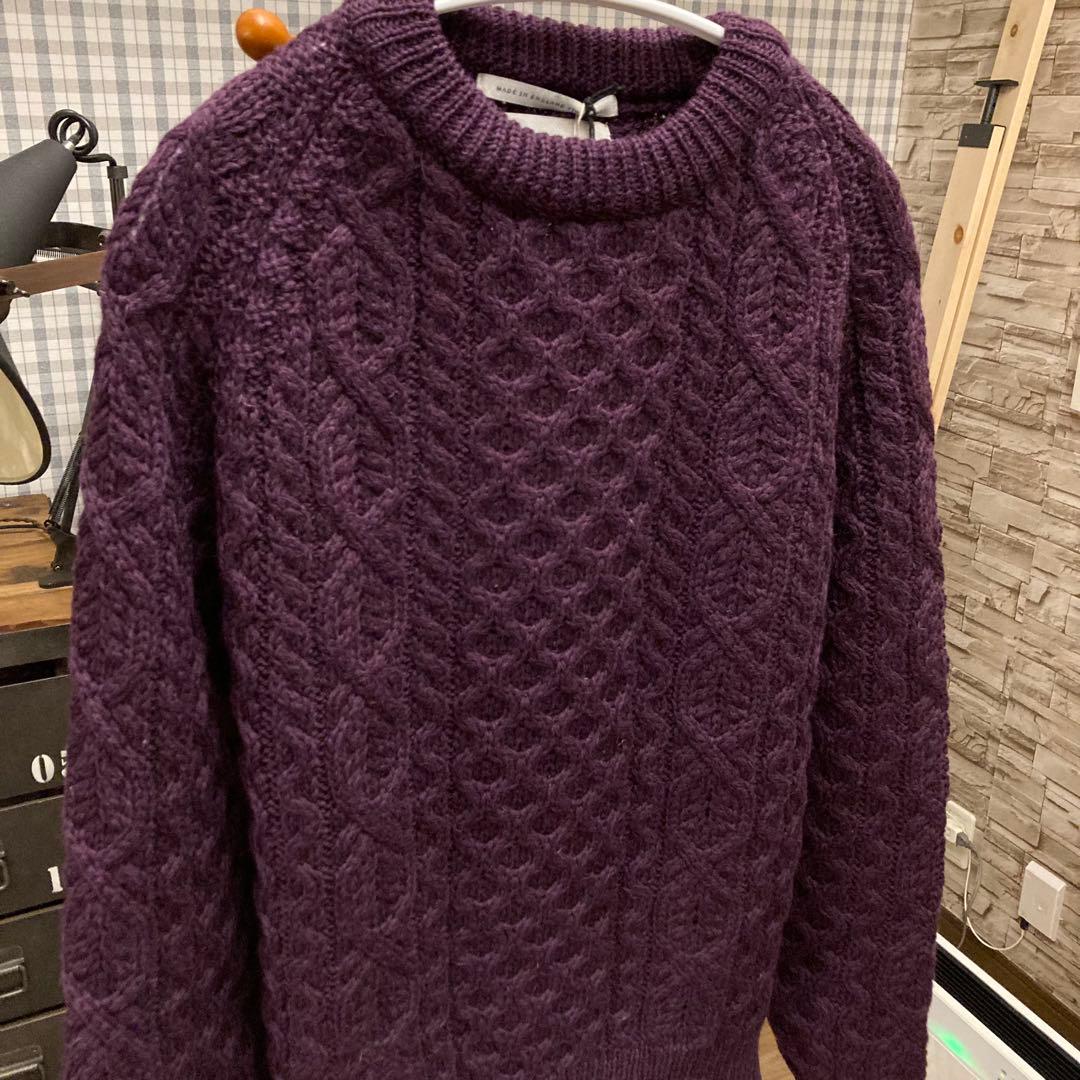 ペレグリン アランケーブルクルーネックニット パープルケーブルニット　イギリス製