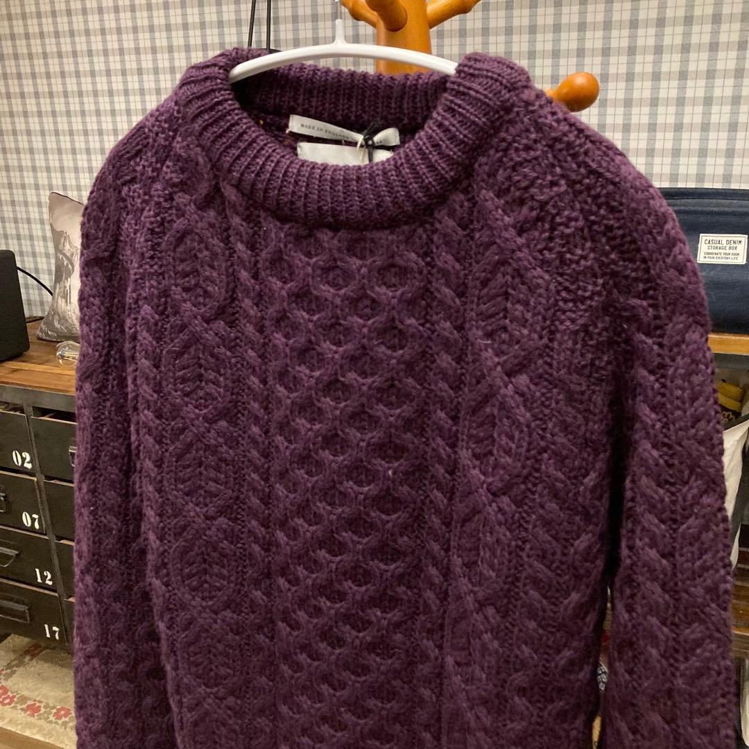 ペレグリン アランケーブルクルーネックニット パープルケーブルニット　イギリス製