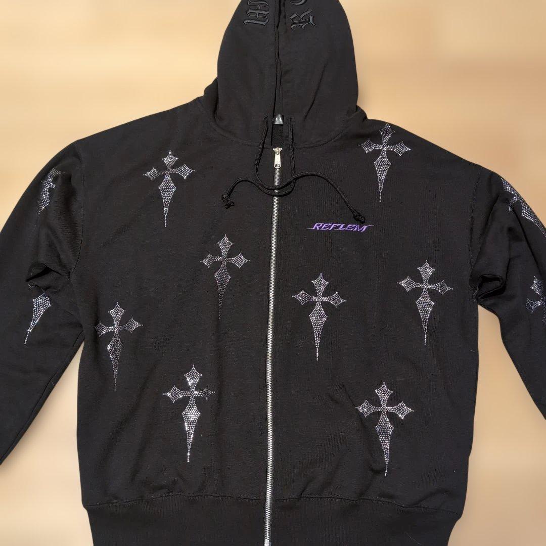 REFLEM／レフレム クロス総柄ラインストーンZIPパーカー