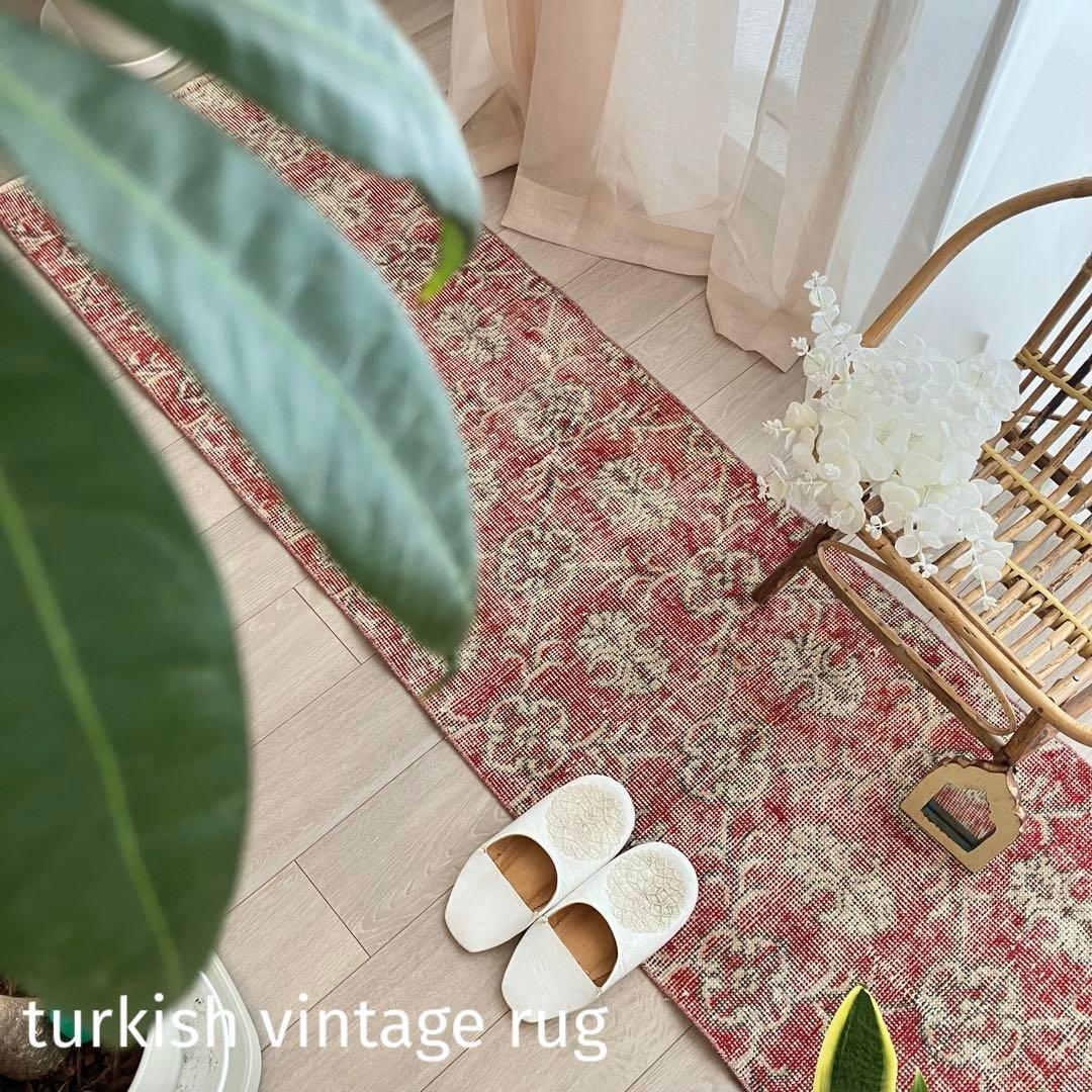 超ロング　シャビーレッド56×290✳︎紋章柄　ランナー　トルコヴィンテージラグ