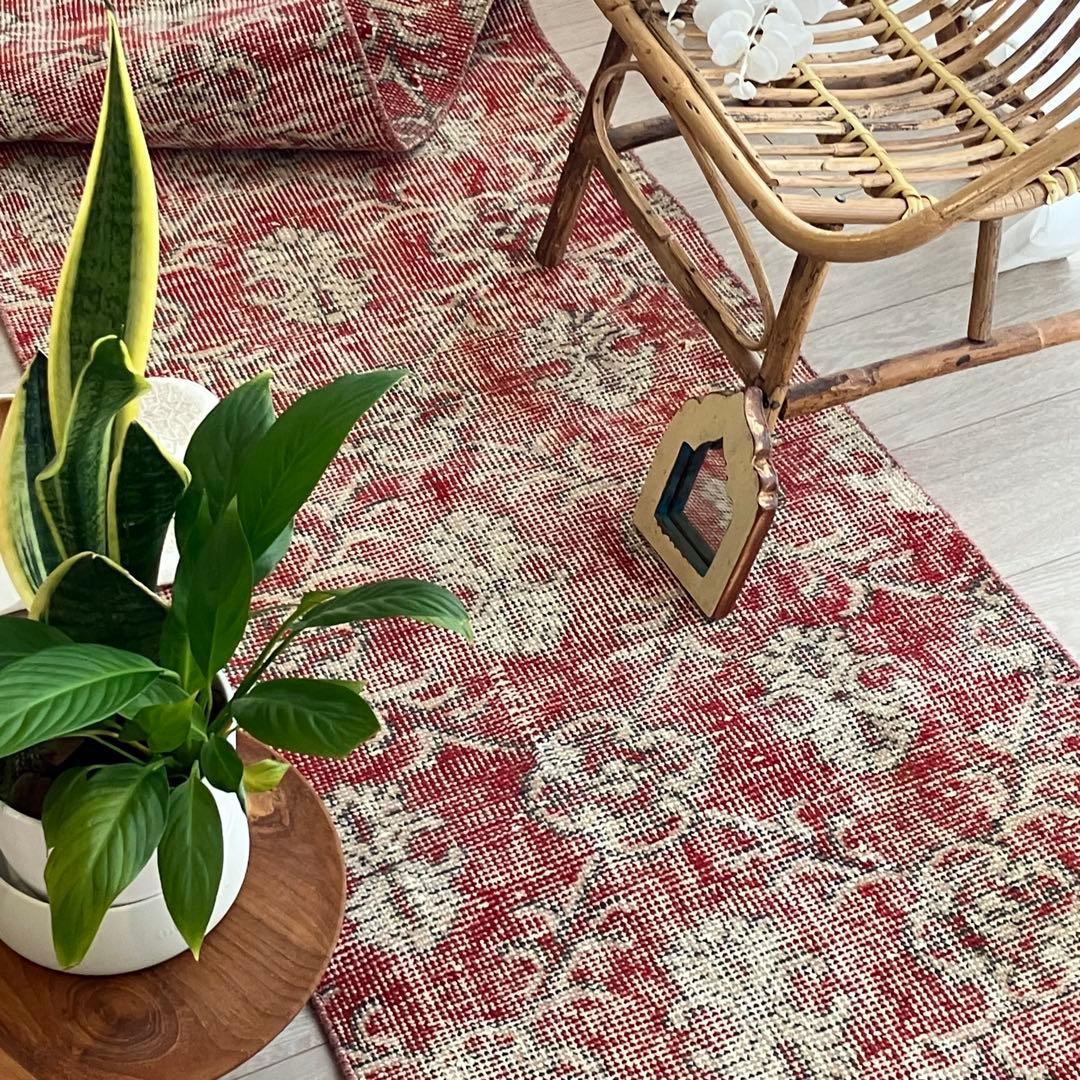 超ロング　シャビーレッド56×290✳︎紋章柄　ランナー　トルコヴィンテージラグ