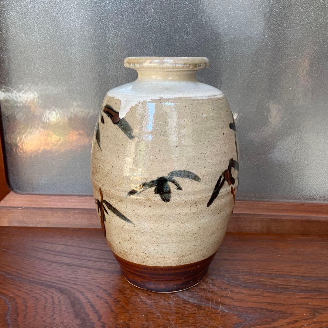 佐久間藤太郎作益子焼鉄砂竹絵花瓶