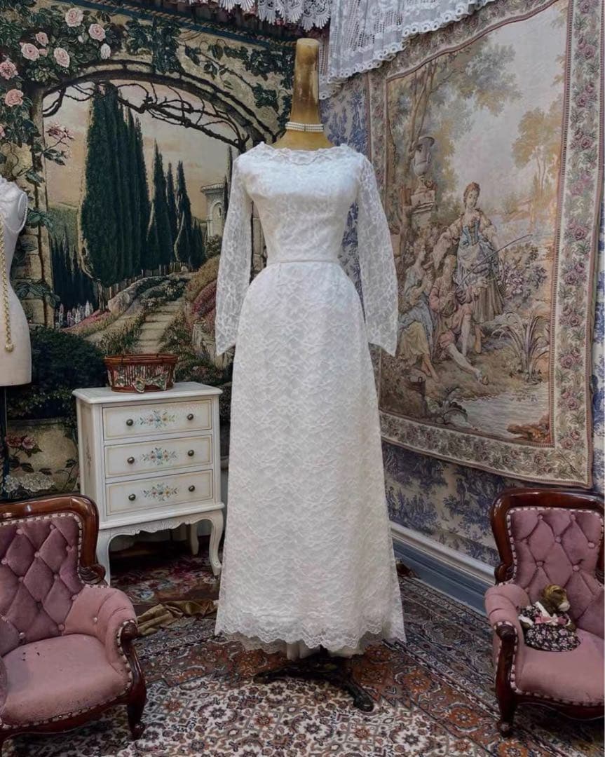 アメリカ産1970sホワイトレースウェディングドレス 花嫁