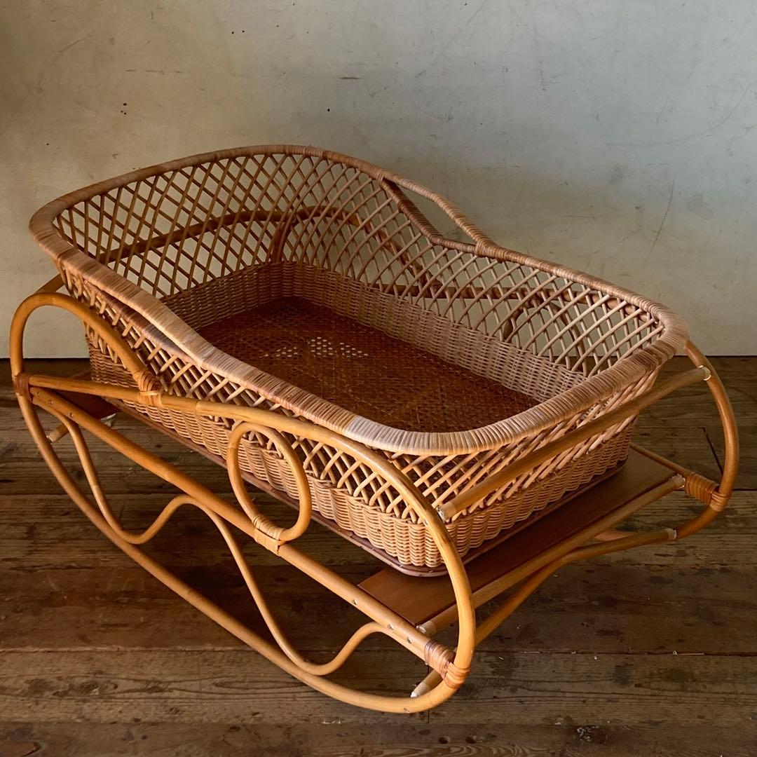 ヴィンテージラタン ベビーベッド 折り畳み キャスター クーファン アンティーク