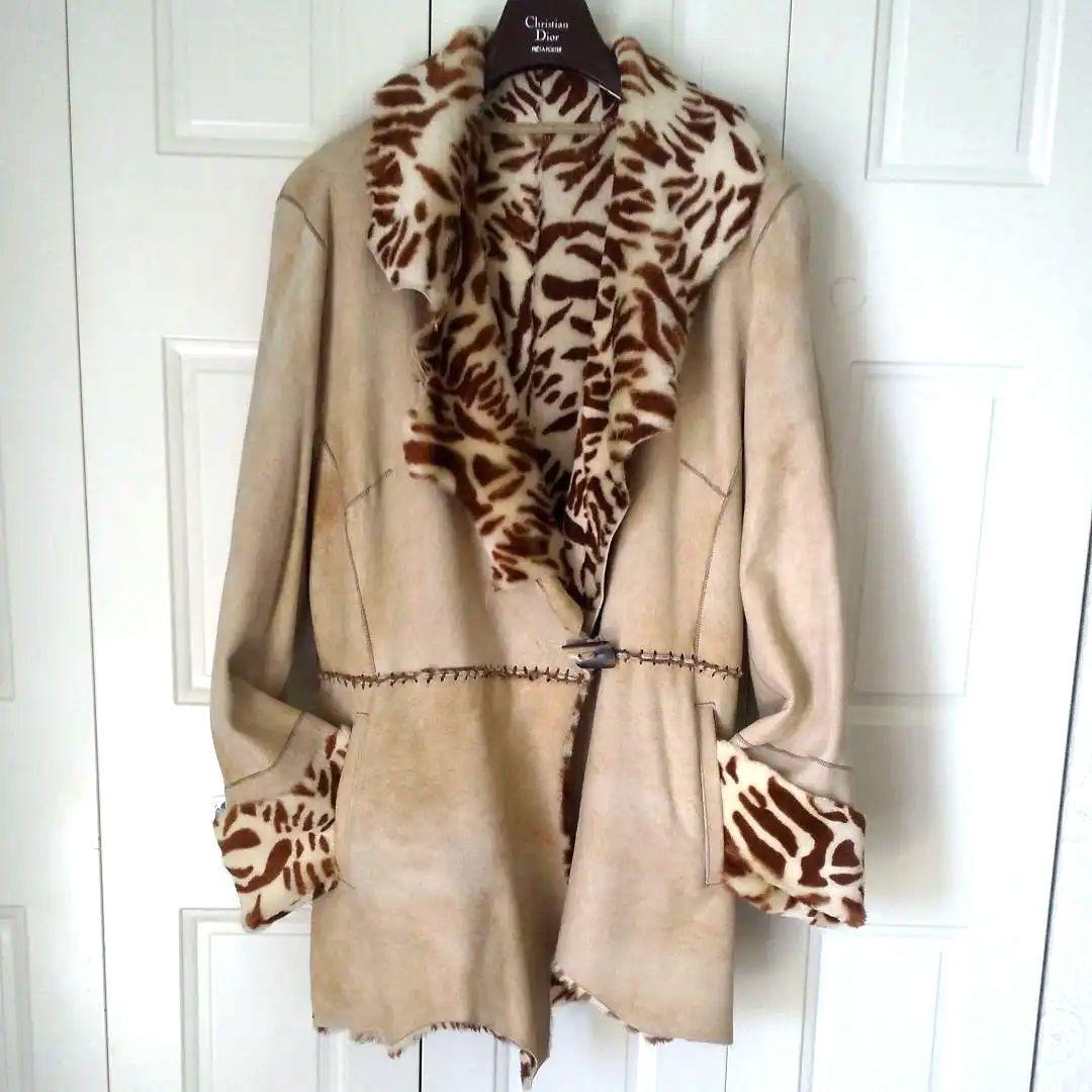 最終セール★ideu フランス製ラム毛皮コート★ゼブラ柄 L