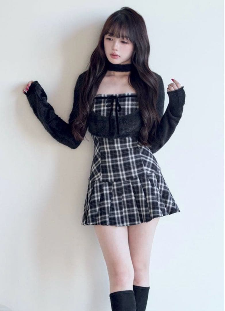 BunnyLisファーボレロ×チェックミニワンピセット ブラック M