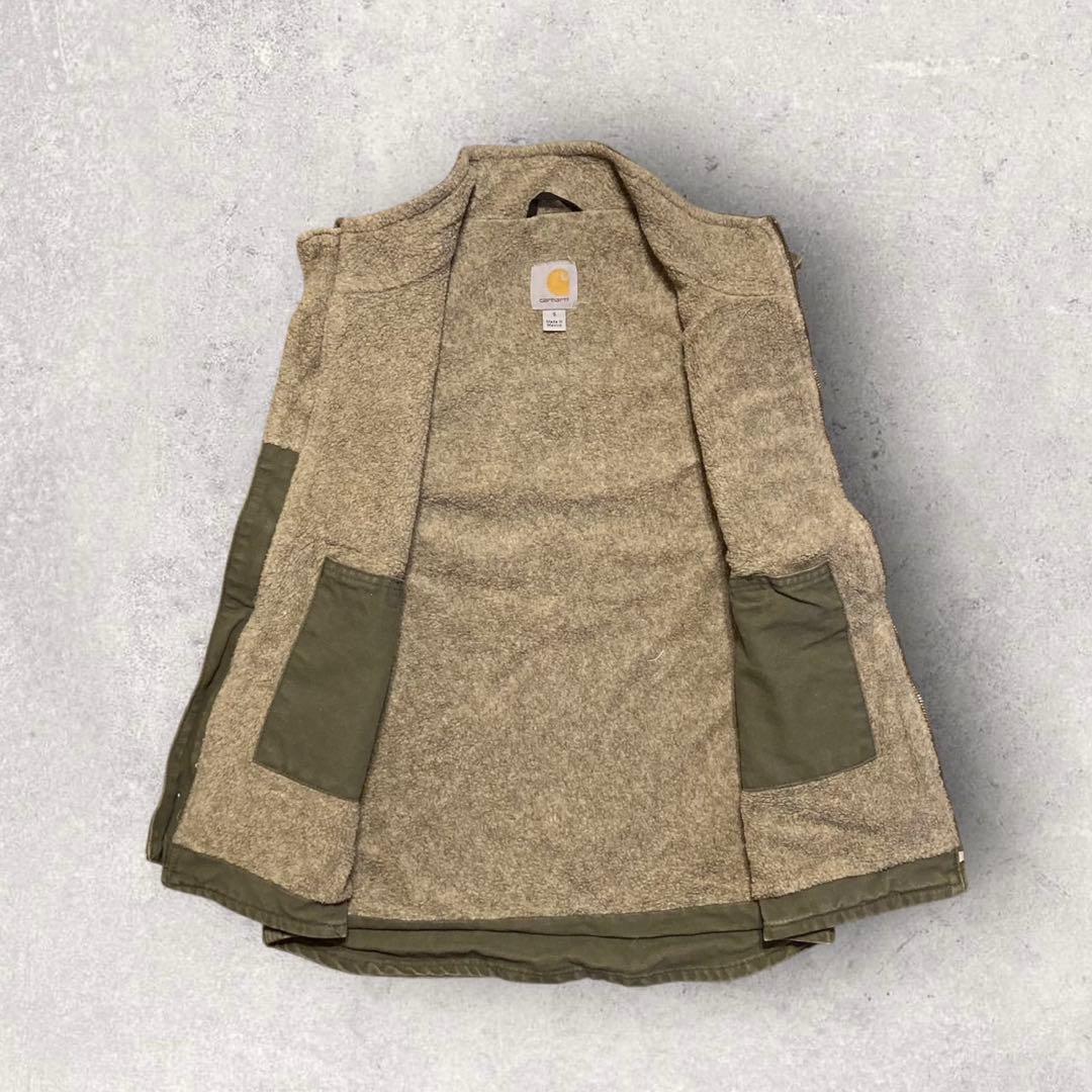【カーハート】ダック地ベスト　裏ボア　モスグリーン　S 人気カラー　f