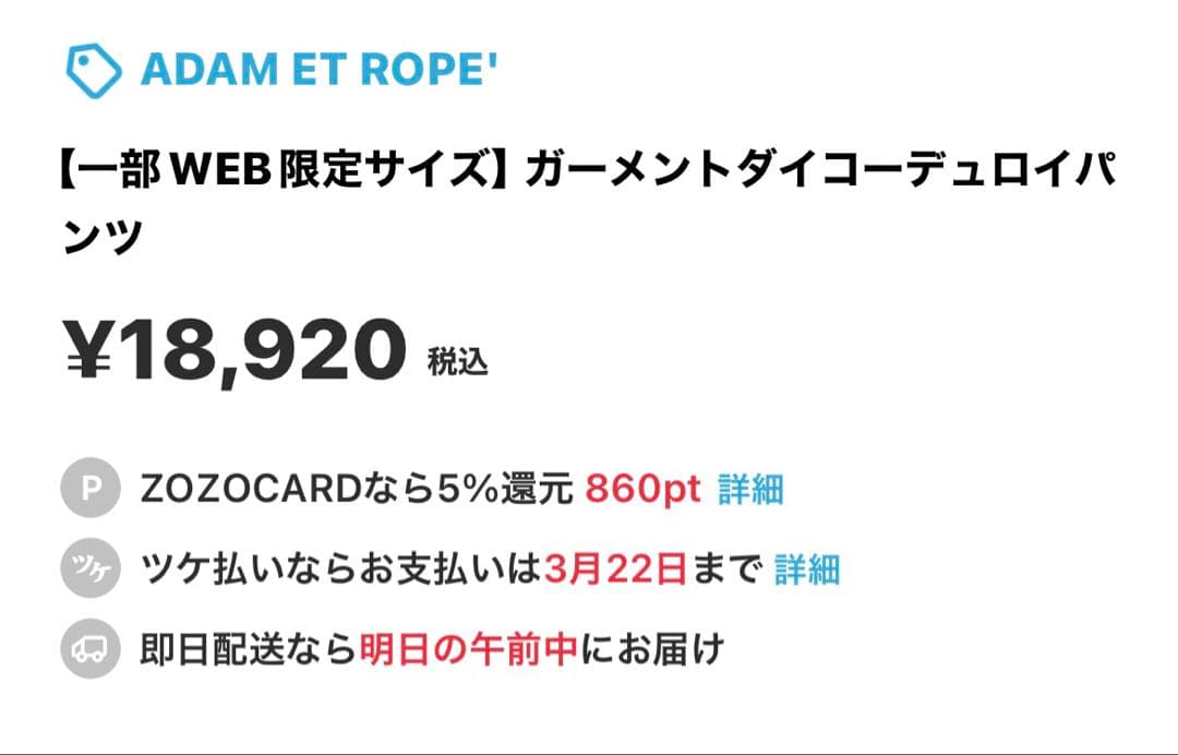 アダムエロペ　ガーメントダイコーデュロイパンツ チャコール　サイズ38