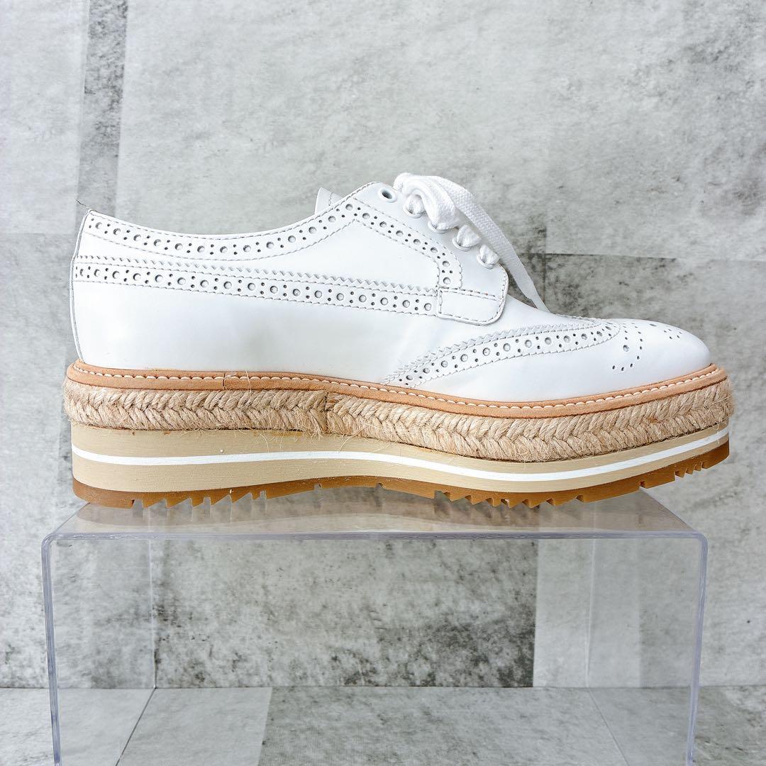 極美品 プラダ ウィングチップ エスパドリーユ 厚底 レザー プラットフォーム