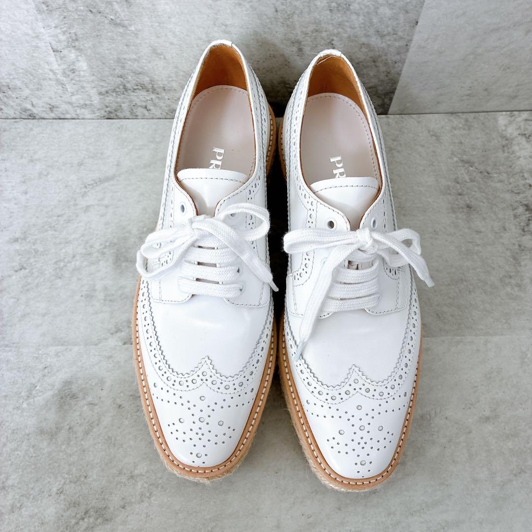 極美品 プラダ ウィングチップ エスパドリーユ 厚底 レザー プラットフォーム