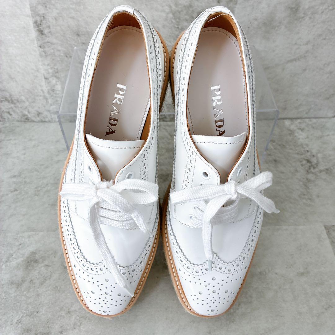 極美品 プラダ ウィングチップ エスパドリーユ 厚底 レザー プラットフォーム
