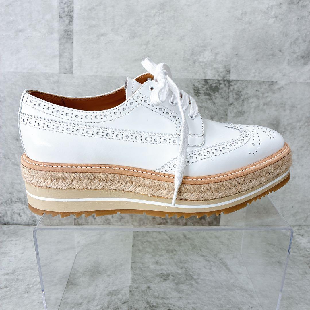 極美品 プラダ ウィングチップ エスパドリーユ 厚底 レザー プラットフォーム