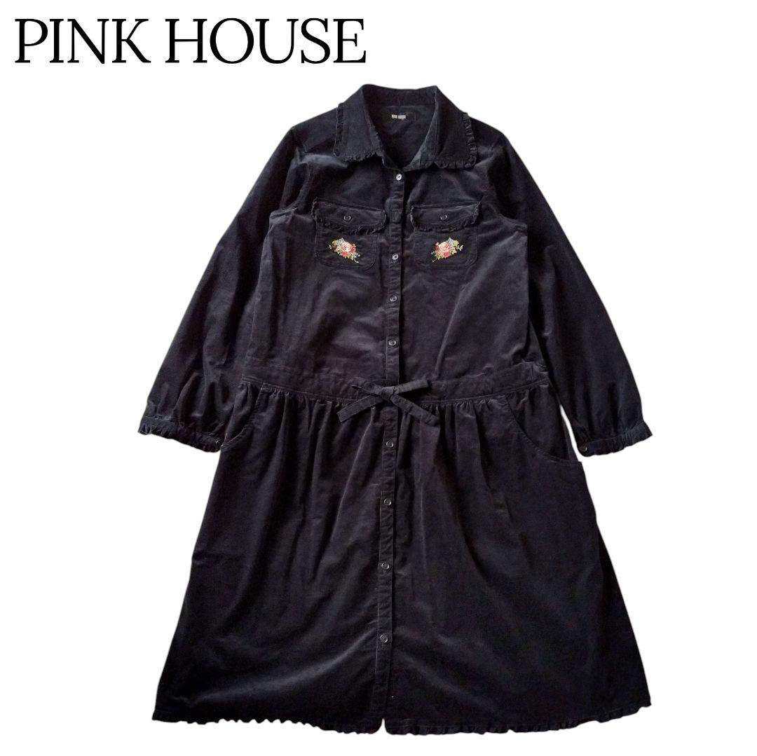 PINK HOUSE ピンクハウス コーデュロイ 薔薇 刺繍 ワンピース 黒