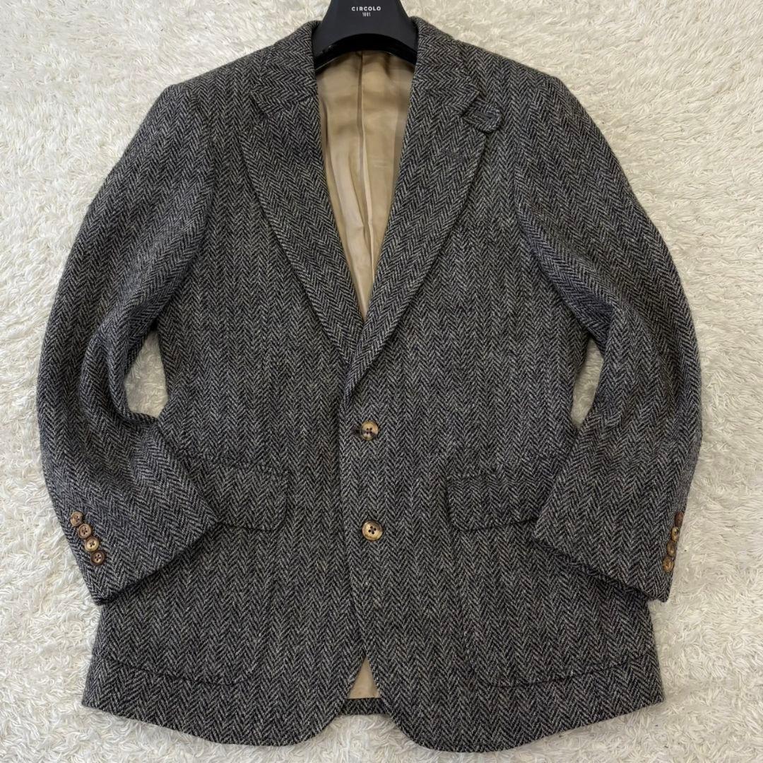 ハリスツイード テーラードジャケット 総柄 ヘリンボーン M チャコールグレー