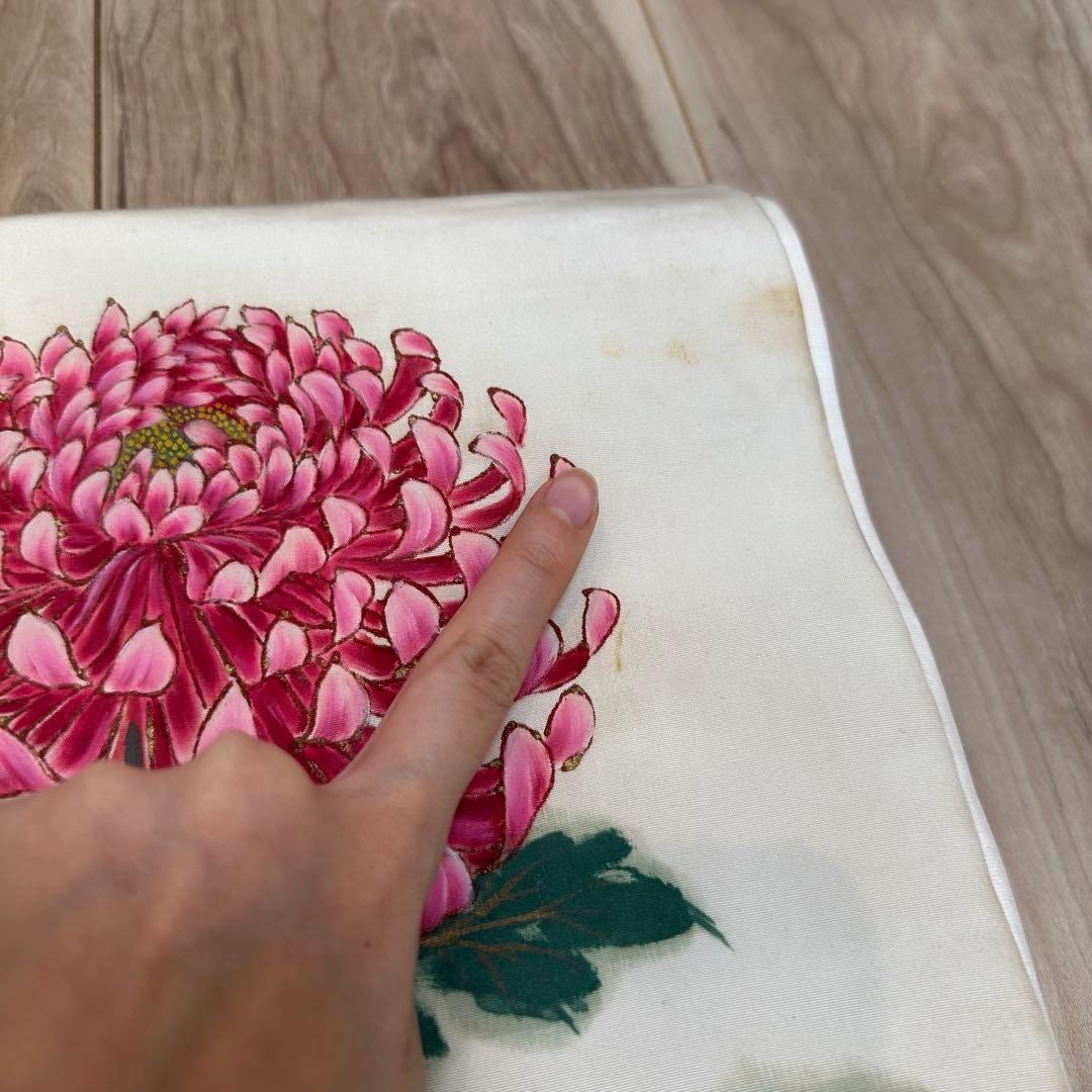 ヴィンテージ　正絹　着物 和服　袋帯　手書き 386 大輪の菊　赤紫　緑