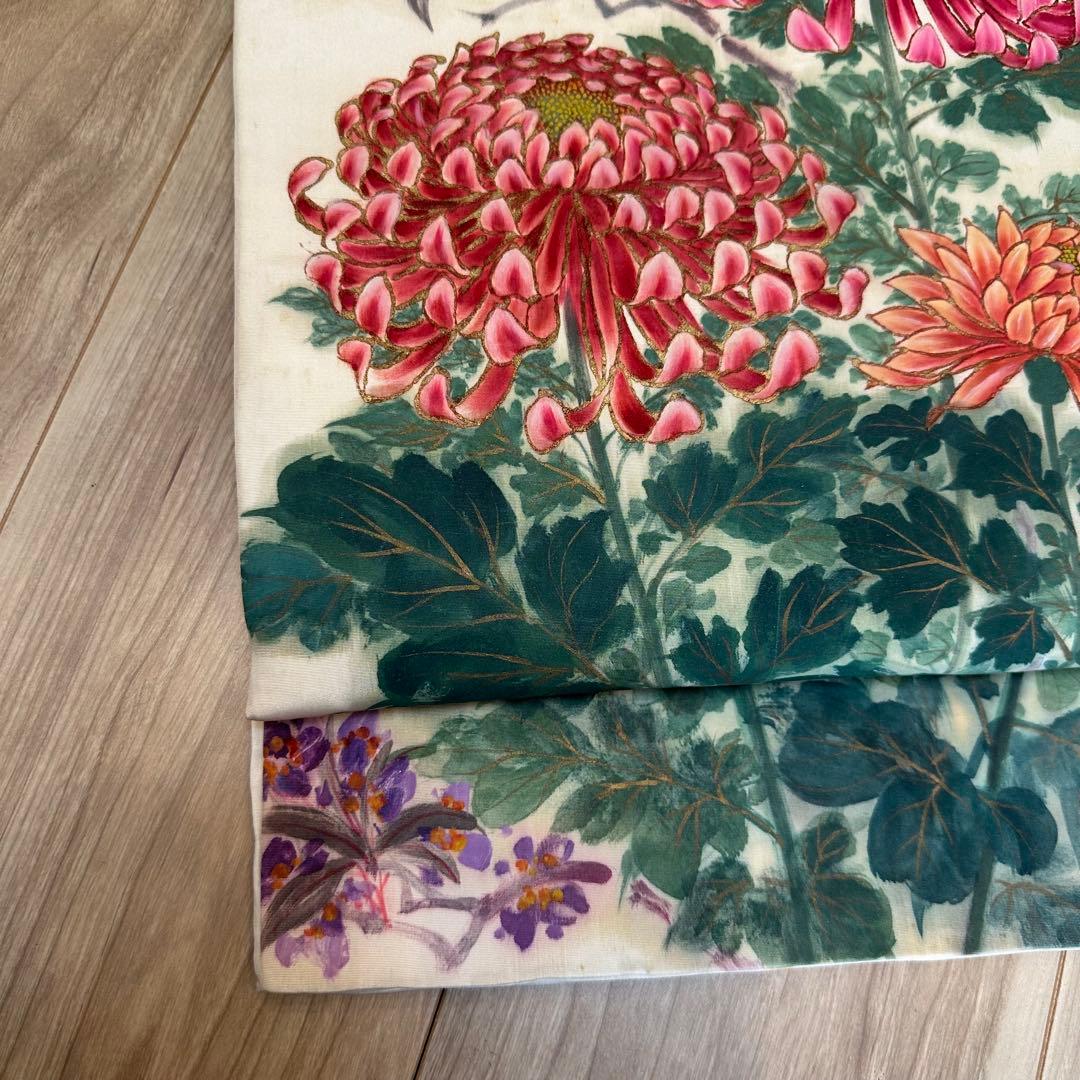 ヴィンテージ　正絹　着物 和服　袋帯　手書き 386 大輪の菊　赤紫　緑