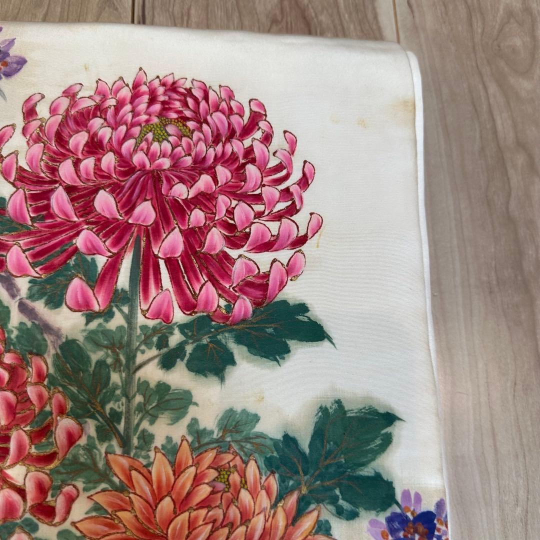 ヴィンテージ　正絹　着物 和服　袋帯　手書き 386 大輪の菊　赤紫　緑