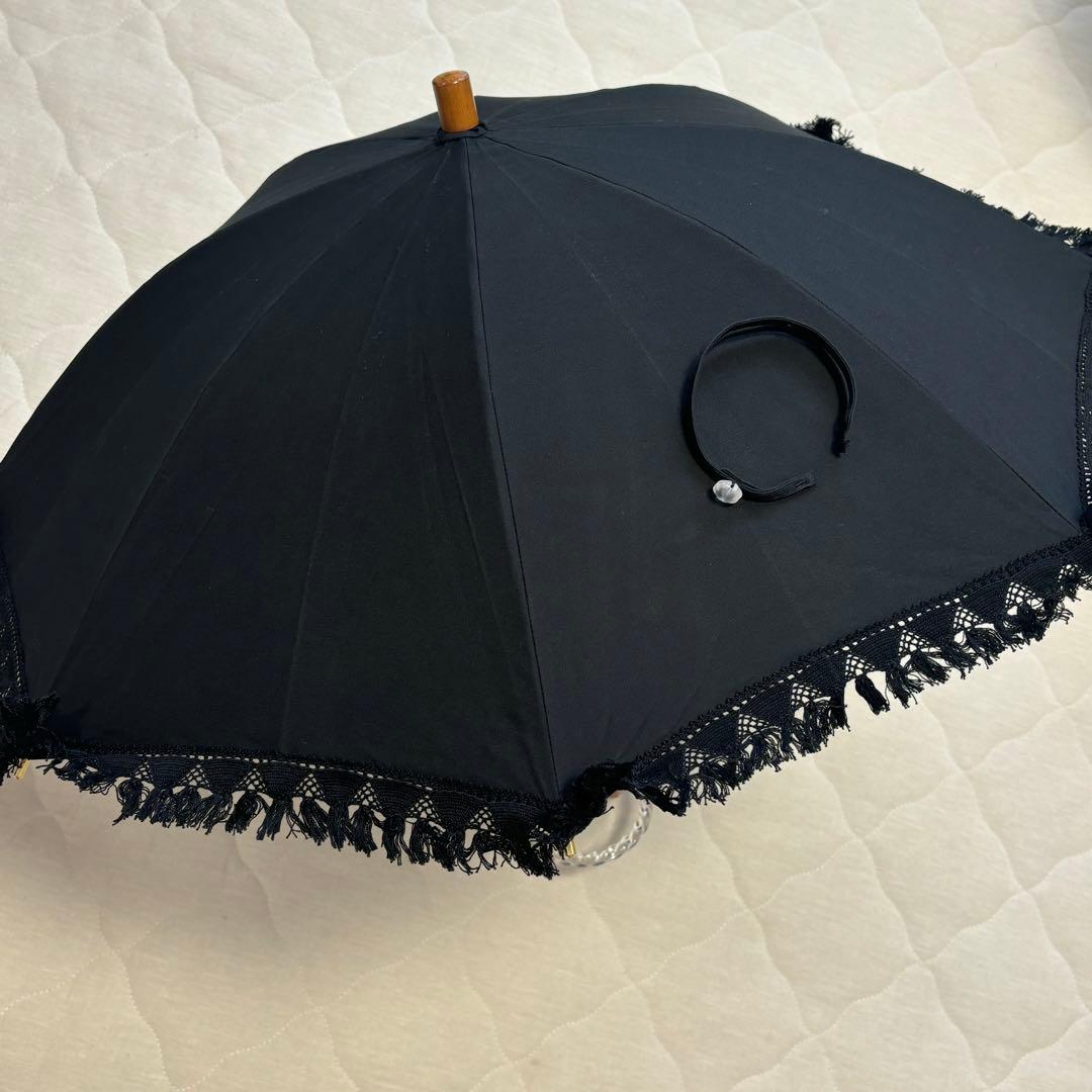 【大森商店】日傘 フリンジ大40cm 黒(傘袋付き）