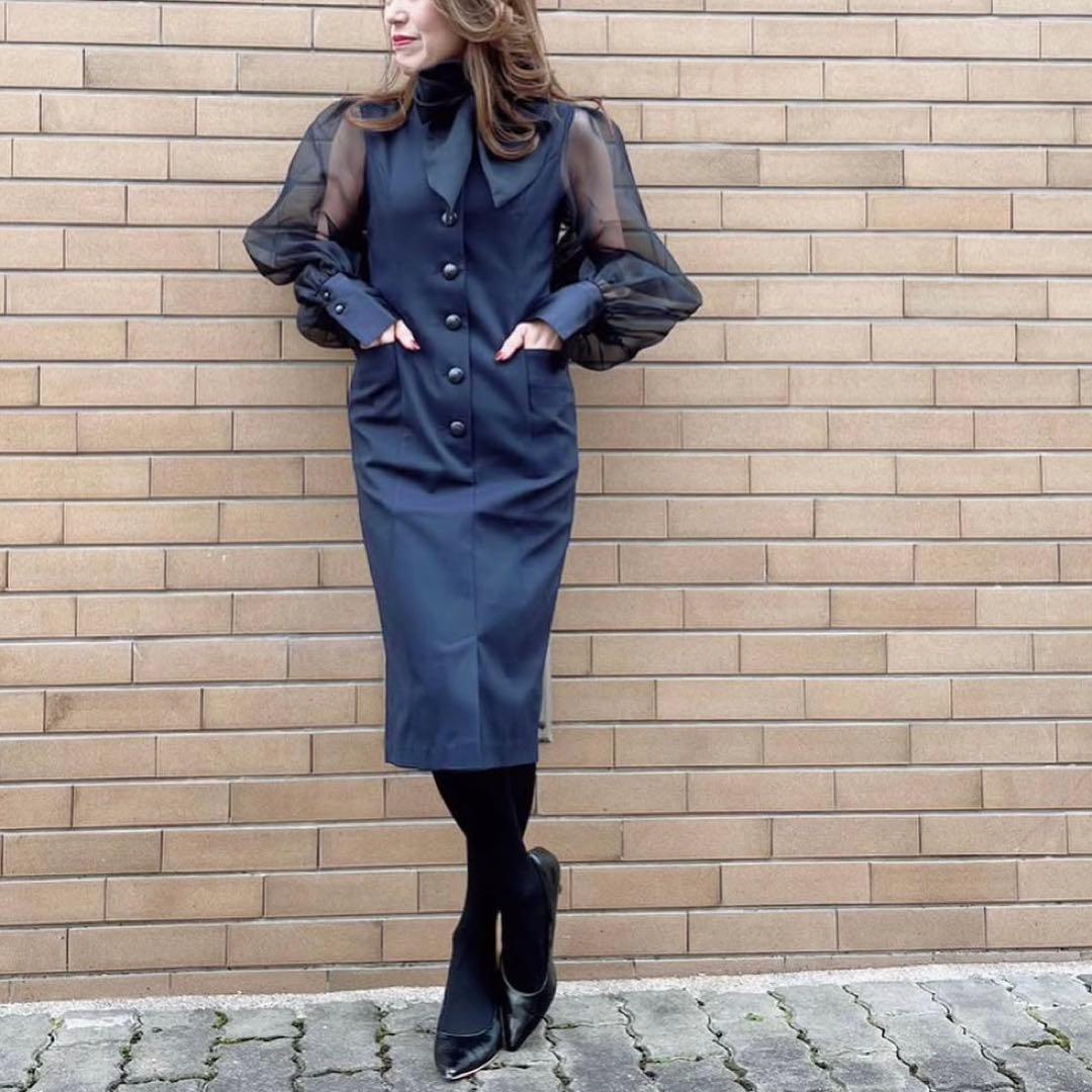 レジーナロマンティコ オーガンジースリーブワンピース リボン ネイビー 36