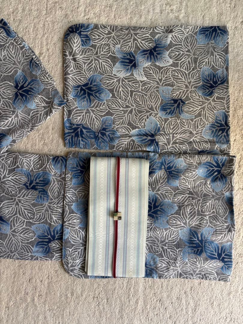 青い葉柄の浴衣　竺仙　綿紬　注染