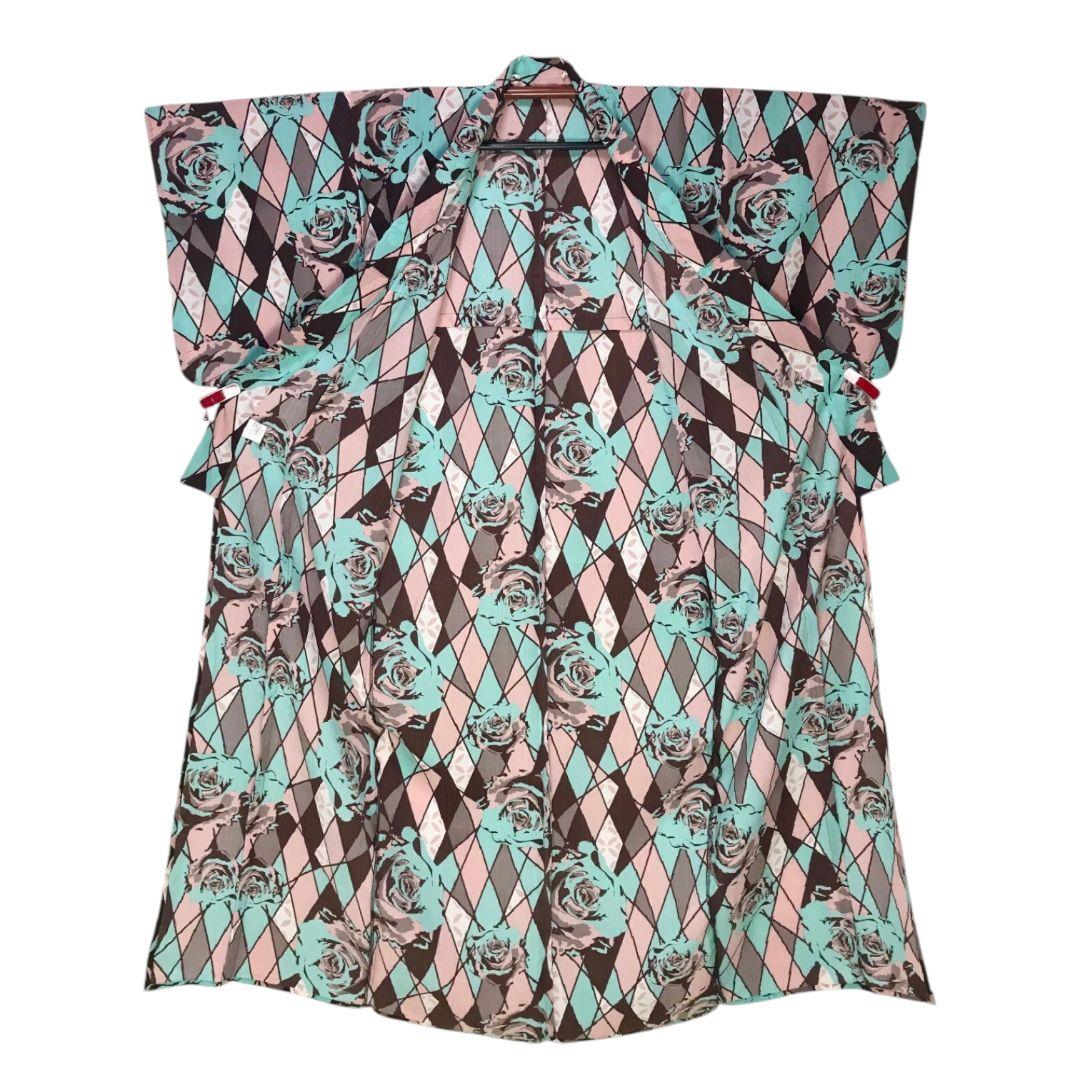 【浴衣】薔薇模様　レトロモダン チョコミント　洋風　単衣　合繊　夏着物　洗える