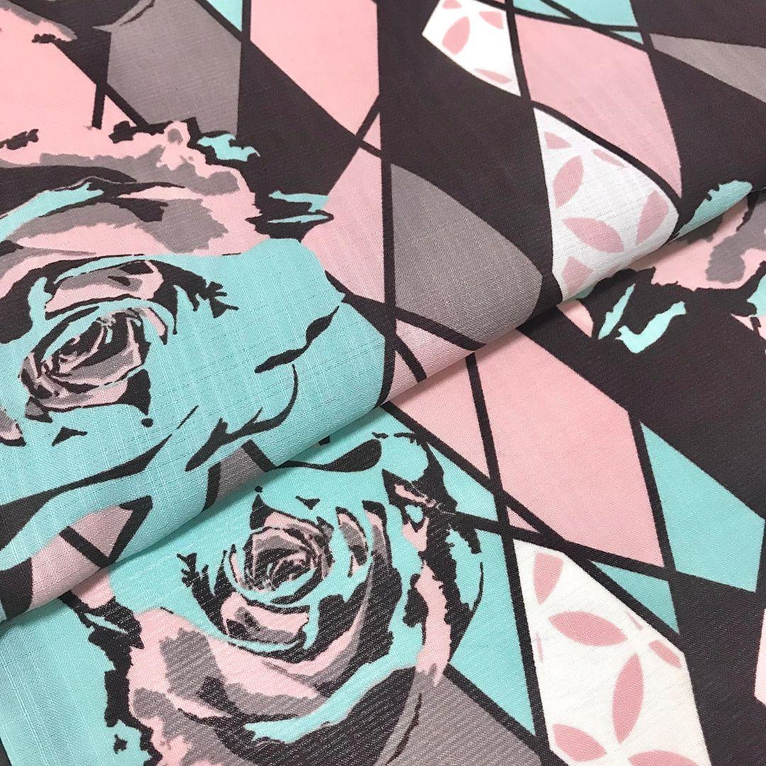 【浴衣】薔薇模様　レトロモダン チョコミント　洋風　単衣　合繊　夏着物　洗える