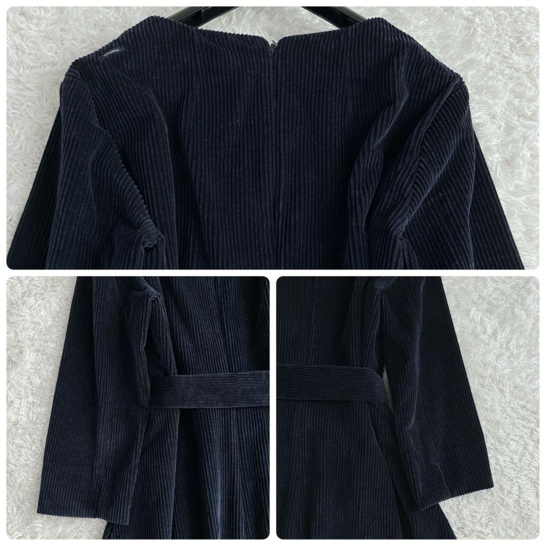 エスマックスマーラ✨ワンピース ベロア マキシリボン フレア Aライン 紺 36