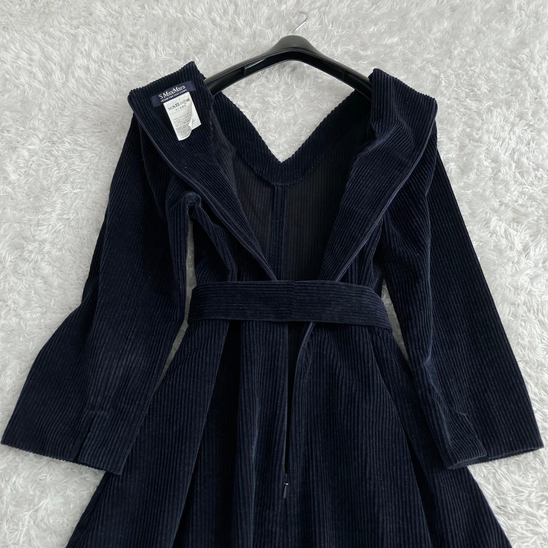 エスマックスマーラ✨ワンピース ベロア マキシリボン フレア Aライン 紺 36