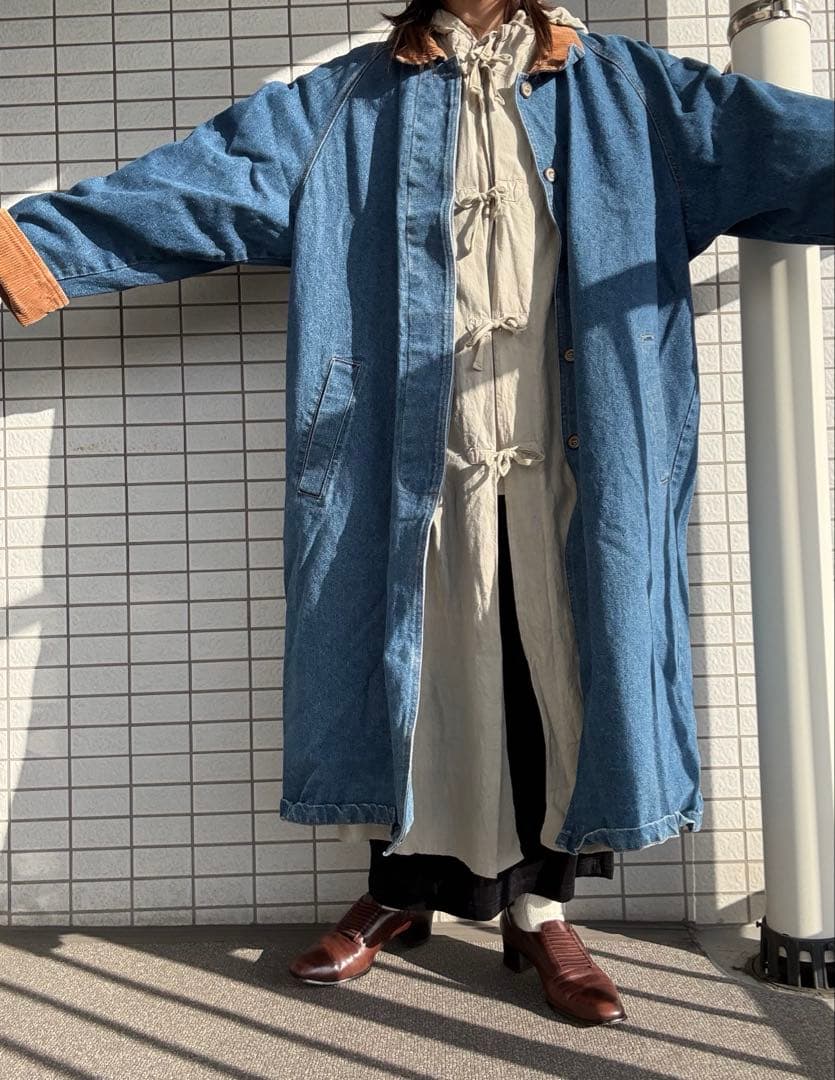 90s デニムロングコート　襟切替 コーデュロイ