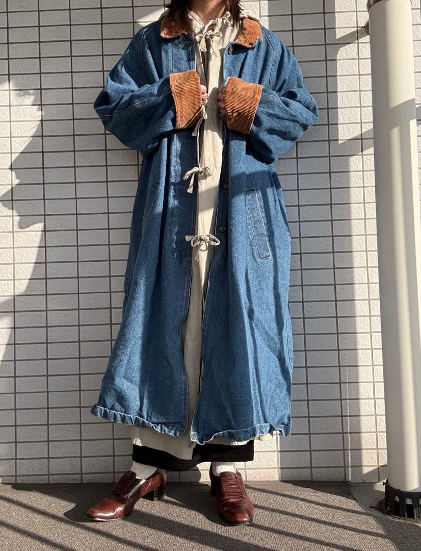 90s デニムロングコート　襟切替 コーデュロイ