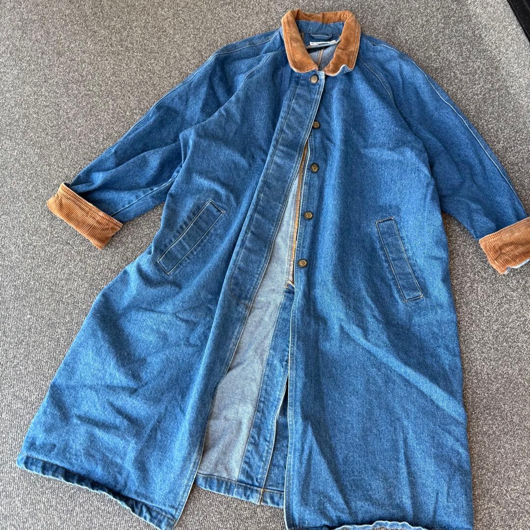 90s デニムロングコート　襟切替 コーデュロイ