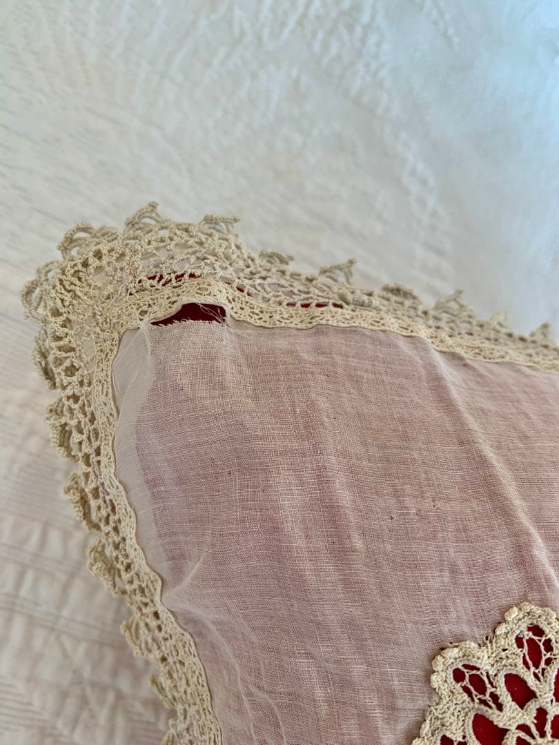 フランスアンティークコットンカバーxシルククッションロココリボン ・モチーフ装飾