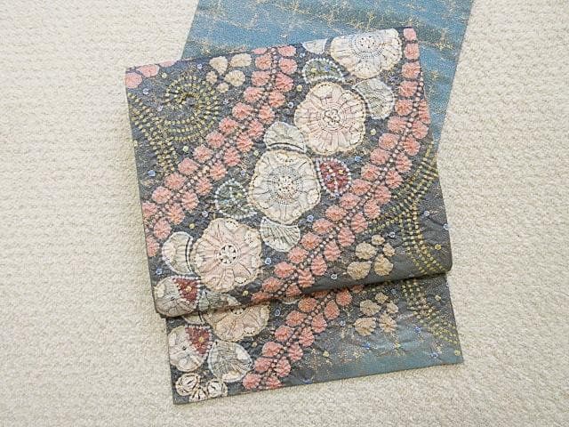 袋帯：辻が花 絞り：高級品：美品：作家印：ブルーグレー金糸織：N97