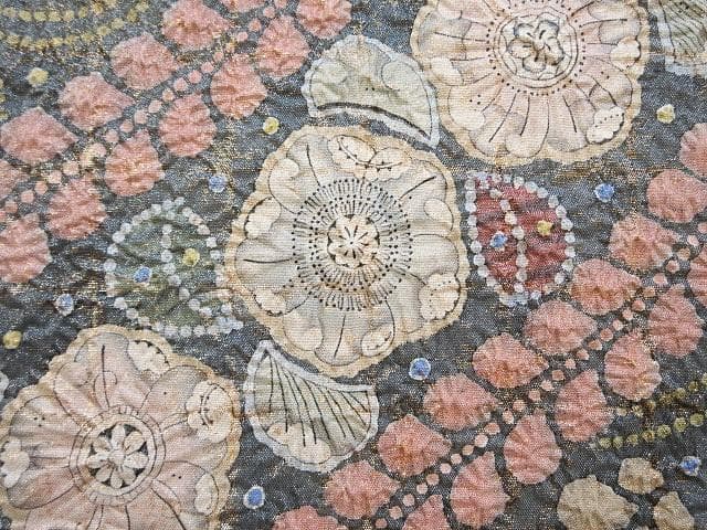 袋帯：辻が花 絞り：高級品：美品：作家印：ブルーグレー金糸織：N97