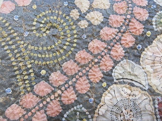 袋帯：辻が花 絞り：高級品：美品：作家印：ブルーグレー金糸織：N97