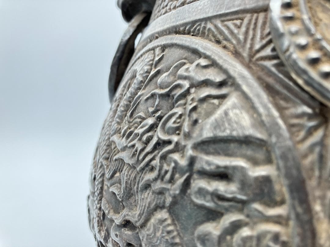 【中国美術】『黒陶四耳唐子図壺』　高さ：２３ｃｍ　花瓶　花生　置物　黒釉