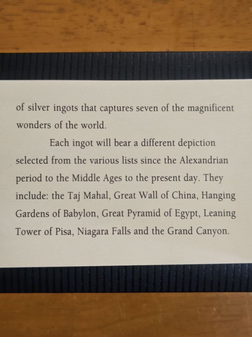 世界の七不思議 SILVER INGOT 「ナイアガラの滝」 搭乗記念ノベルティ