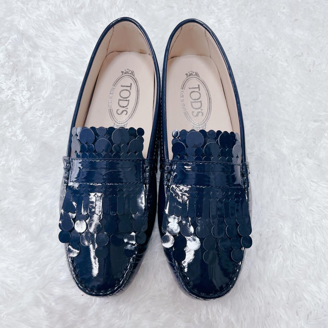 【極美品】TOD'S サイクルレースキルト付 エナメルローファー ネイビー 23