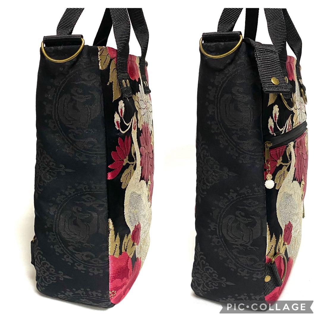 378 帯リメイク　白孔雀の縦型リュック　3wayバッグ　匿名配送