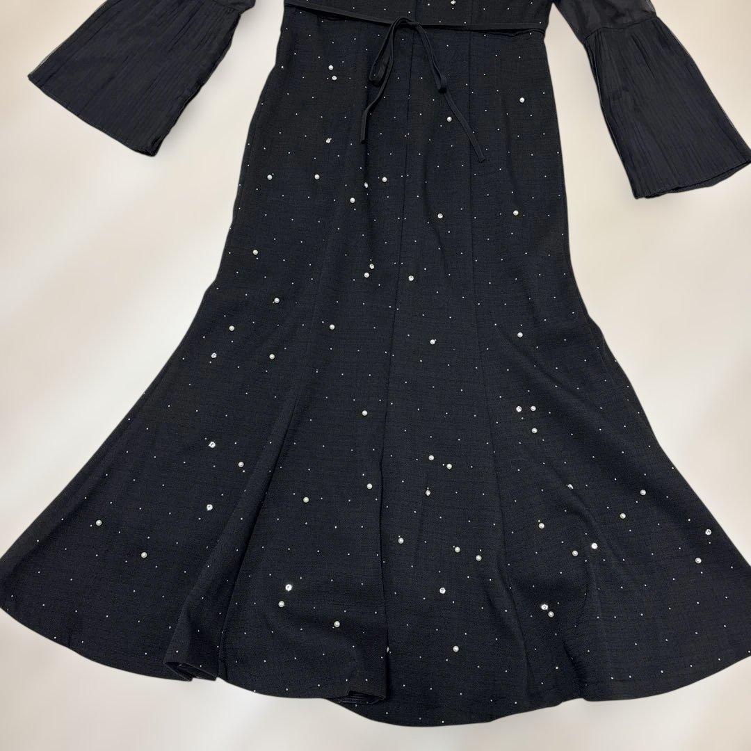 Leja パールビジュープリーツフレアスリーブビーズマーメイドシルエットドレス