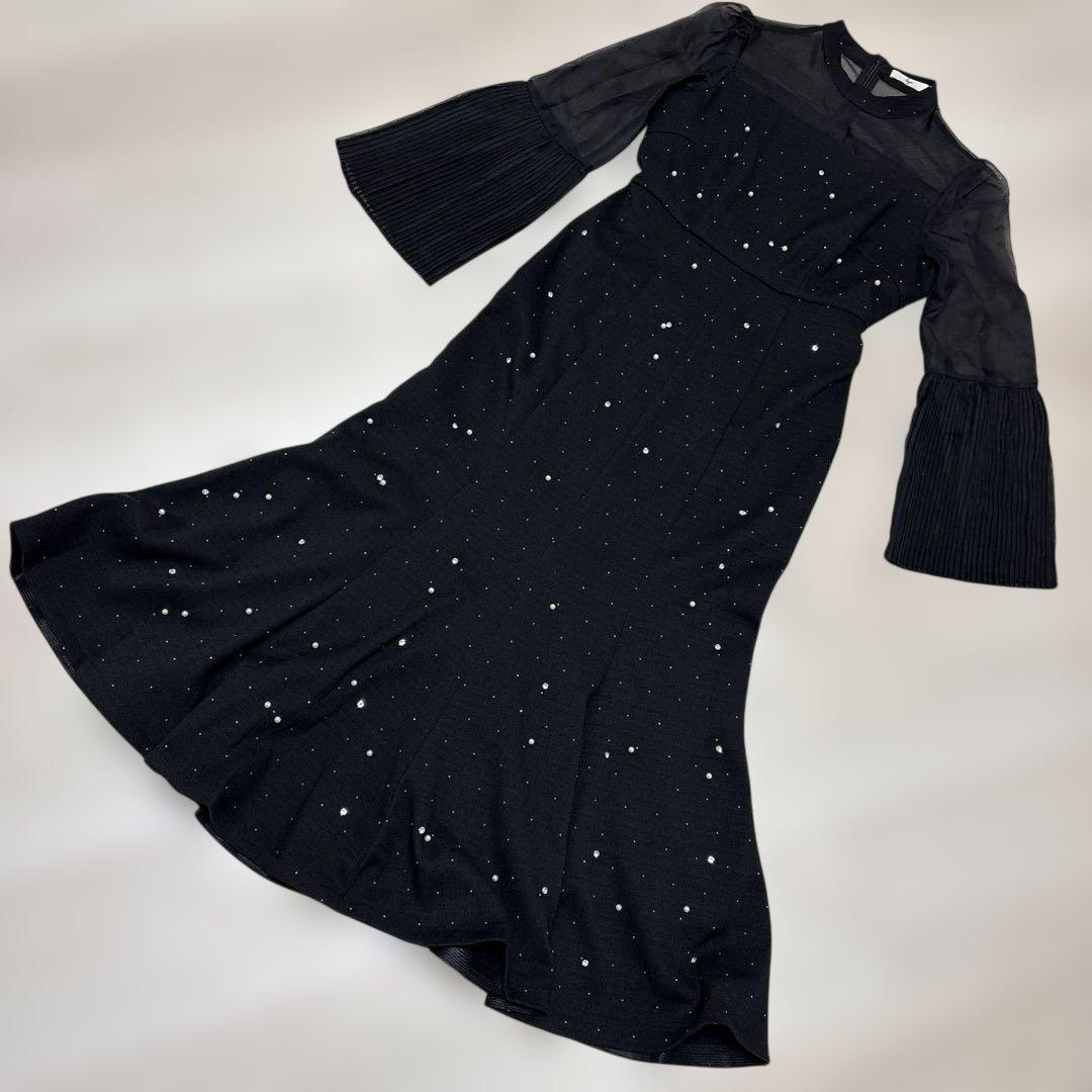 Leja パールビジュープリーツフレアスリーブビーズマーメイドシルエットドレス