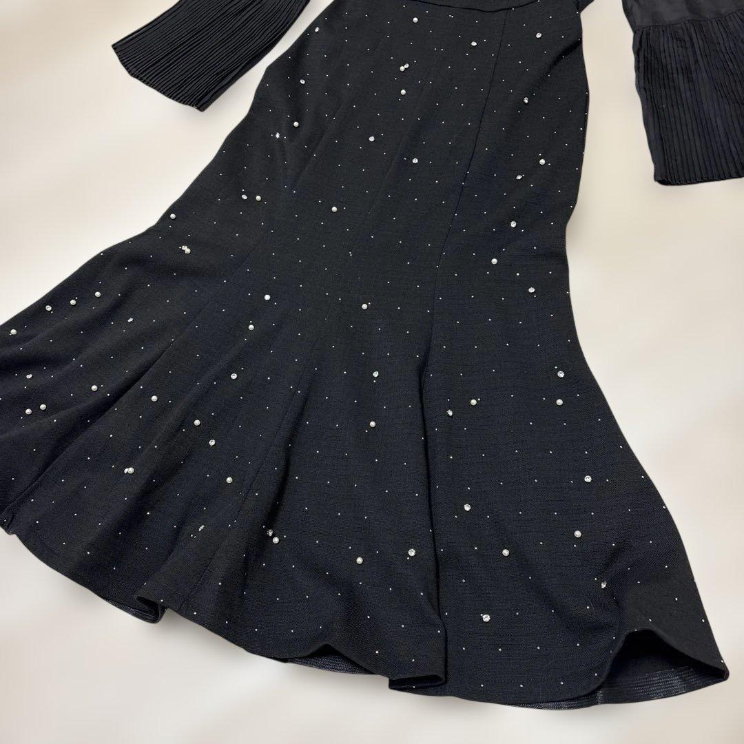 Leja パールビジュープリーツフレアスリーブビーズマーメイドシルエットドレス