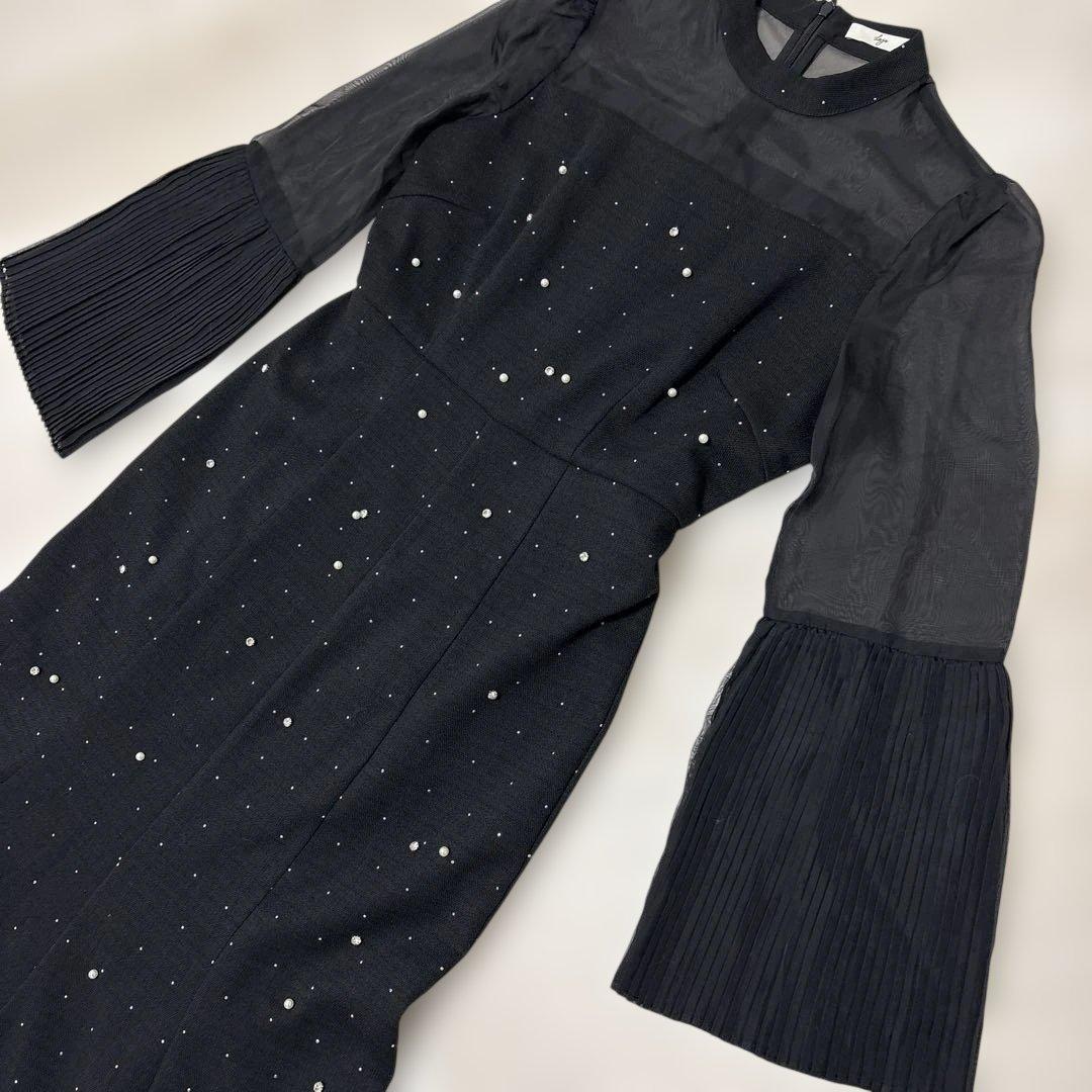 Leja パールビジュープリーツフレアスリーブビーズマーメイドシルエットドレス