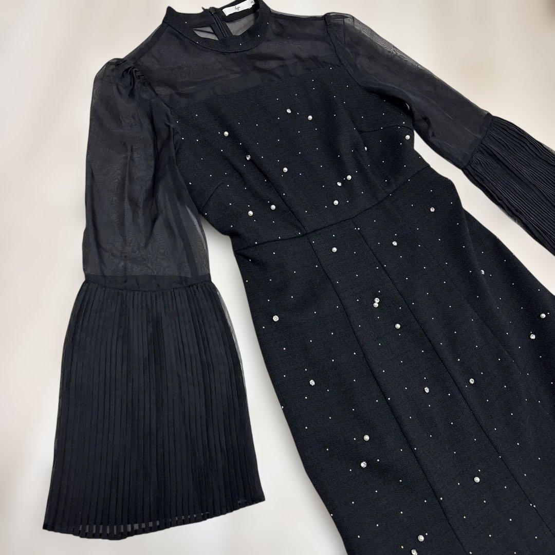 Leja パールビジュープリーツフレアスリーブビーズマーメイドシルエットドレス