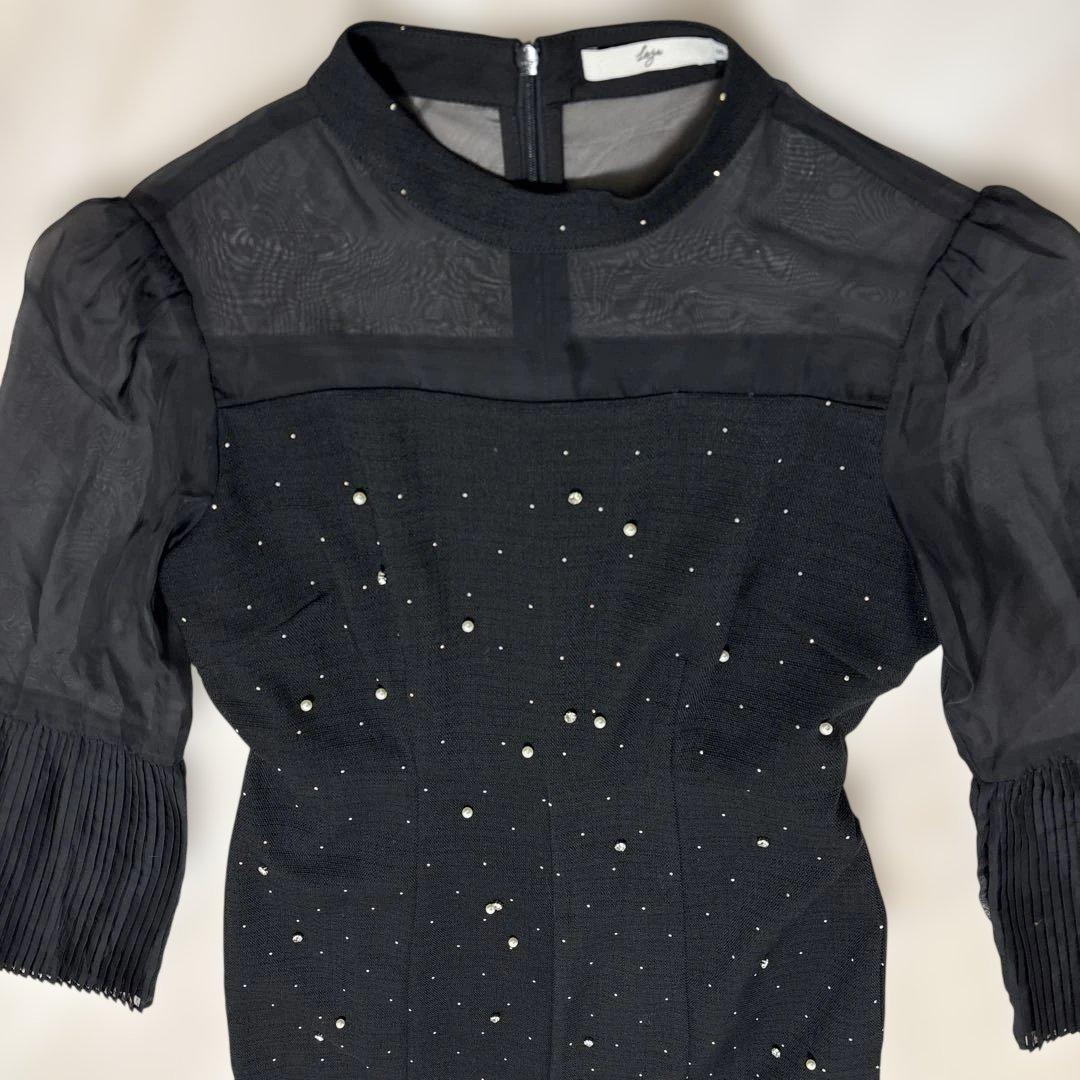 Leja パールビジュープリーツフレアスリーブビーズマーメイドシルエットドレス