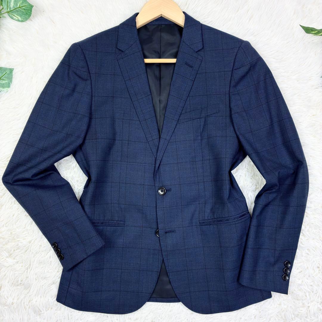 美品　タカキュー　ウィンドウペンチェック　3ピース　スーツセットアップ　S　紺