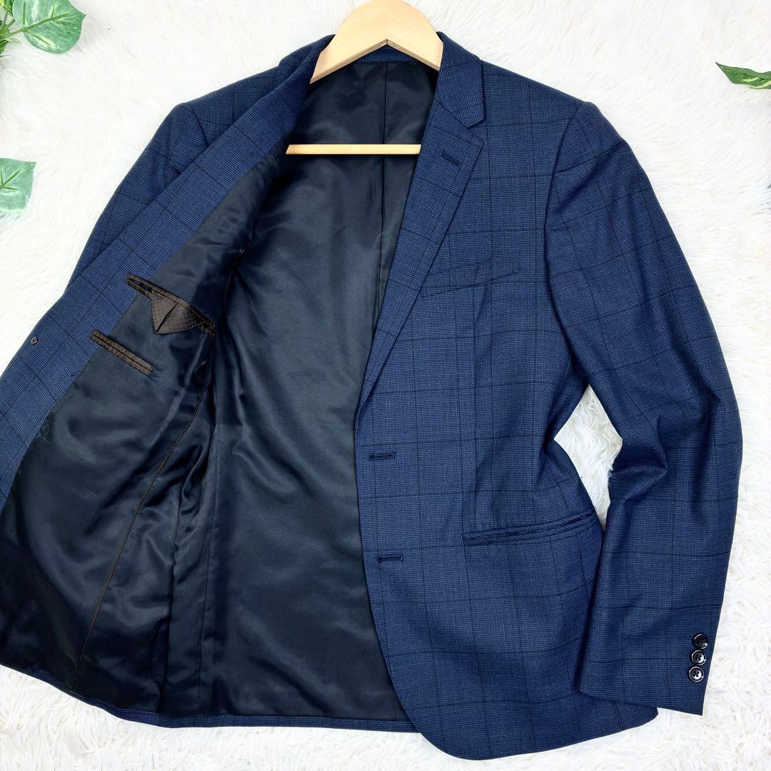 美品　タカキュー　ウィンドウペンチェック　3ピース　スーツセットアップ　S　紺