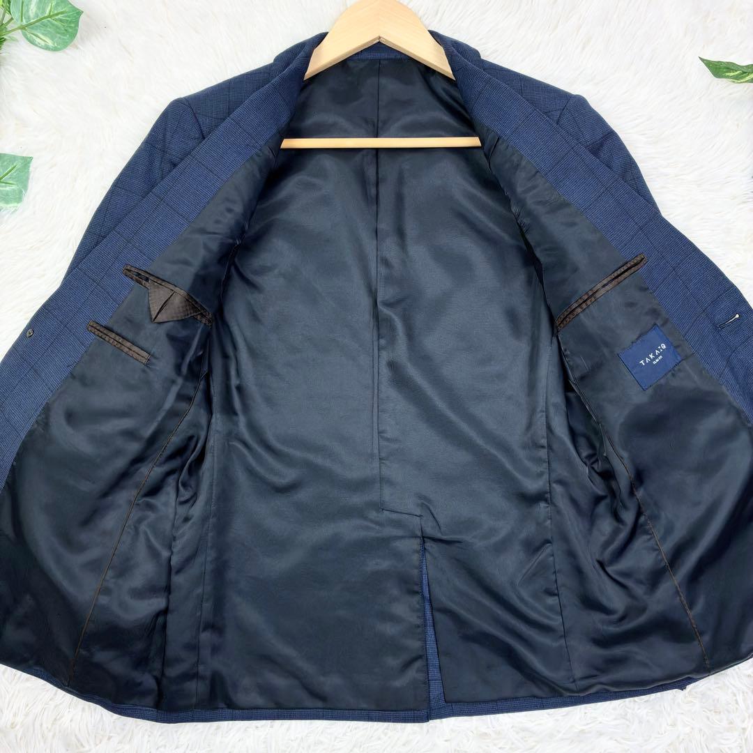 美品　タカキュー　ウィンドウペンチェック　3ピース　スーツセットアップ　S　紺