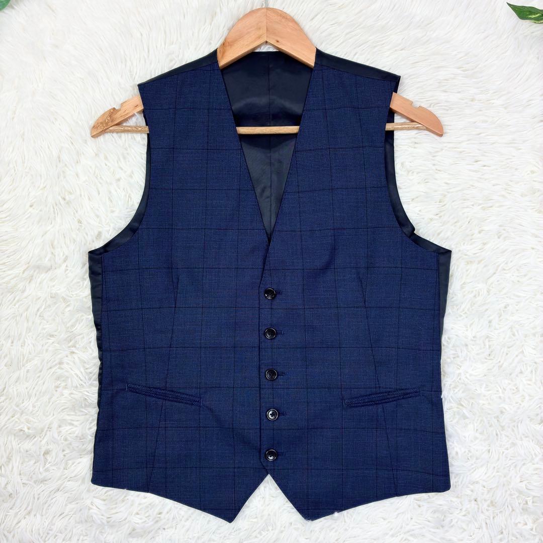 美品　タカキュー　ウィンドウペンチェック　3ピース　スーツセットアップ　S　紺